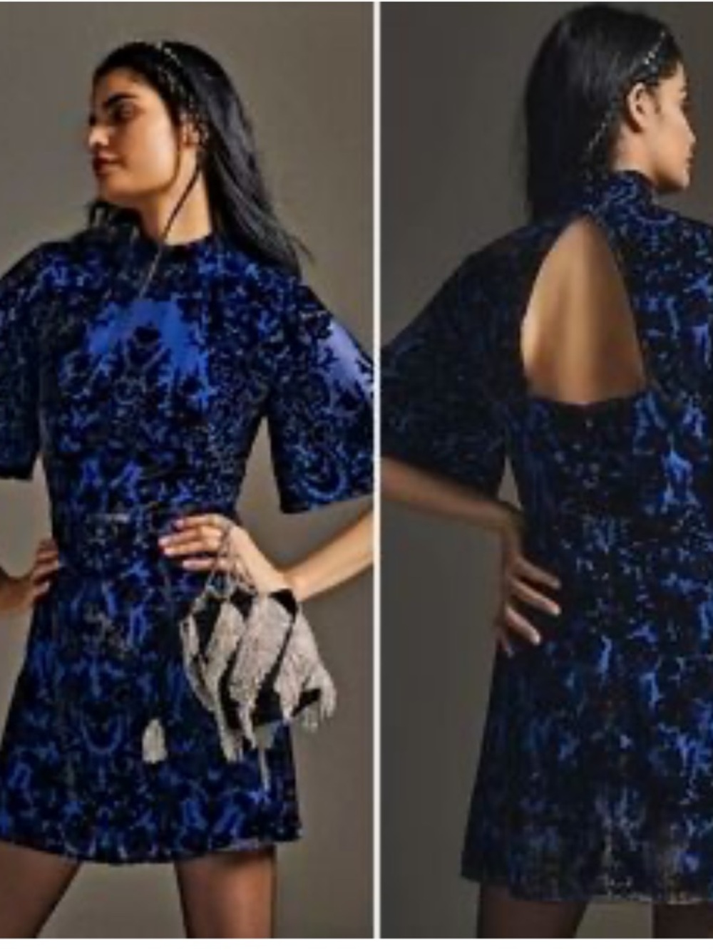 Anthropologie Velvet Burnout Dress Cobalt Blue Open Back mock Neck mini dress